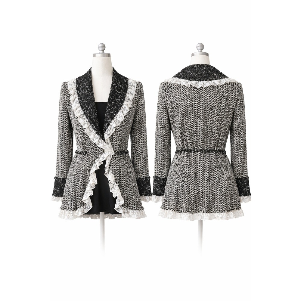 Alberto Makali Herringbone Lace Ruffle Cardigan Jacket L Coquette‎ Dark Academia